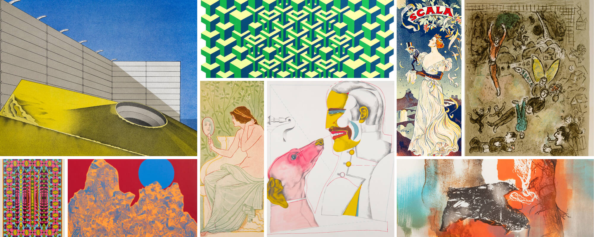 Collage of nine different images from the GVSU Art Museum Collection that showcase lithographs.